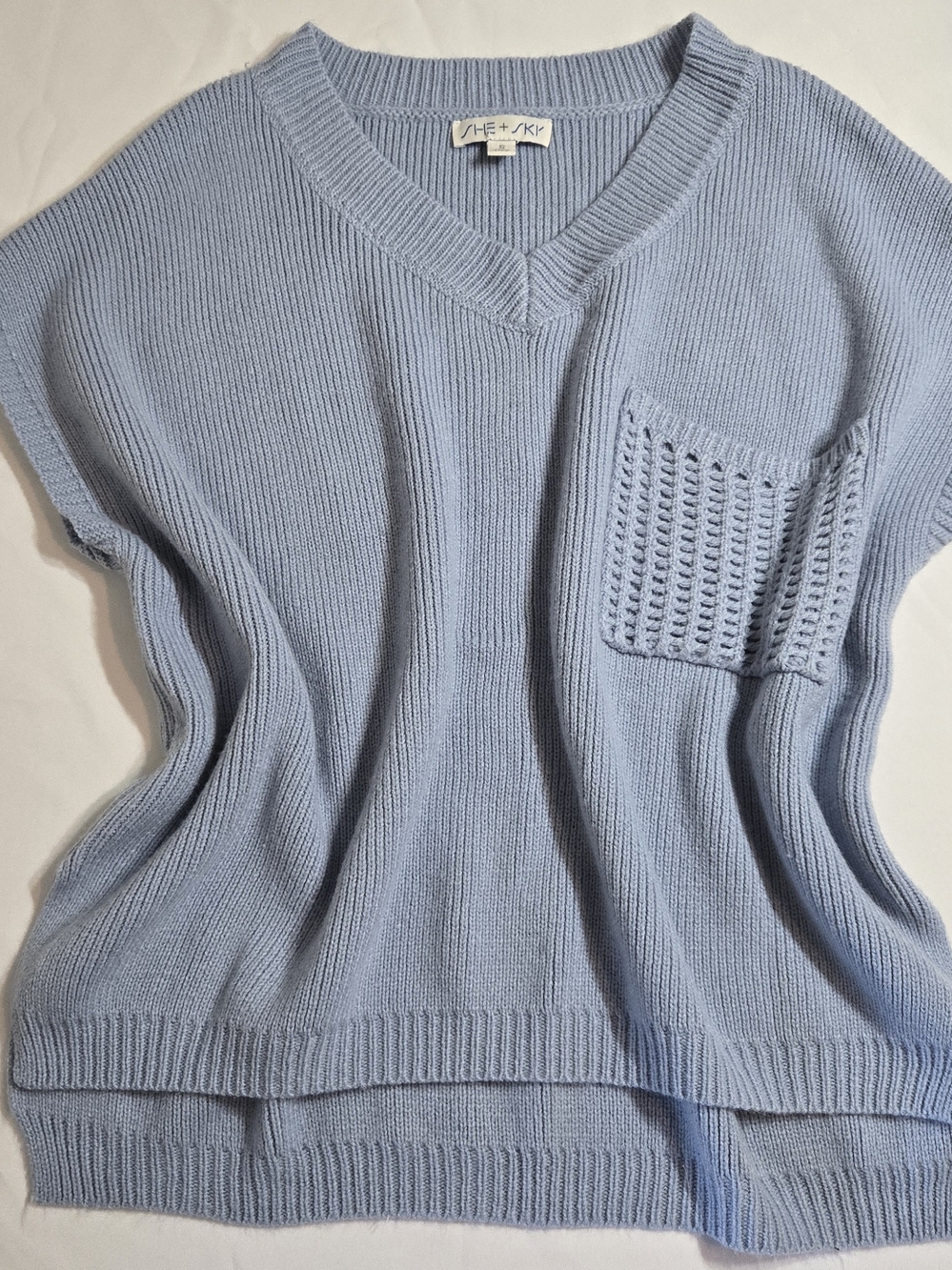 She + Sky Sz S Oversized Powder Blue V-Neck Knit Sweater Vest